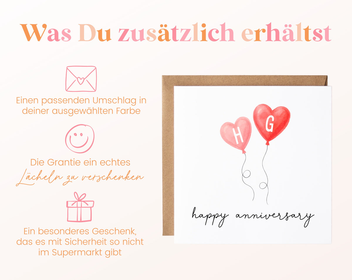 Jahrestagskarte mit zwei Herzballons – Umschlag und Lieferumfang