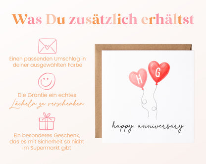 Jahrestagskarte mit zwei Herzballons – Umschlag und Lieferumfang