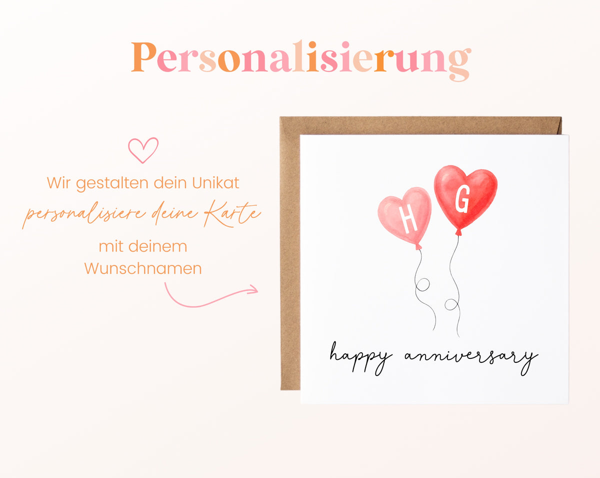 Jahrestagskarte mit zwei Herzballons – Personalisierung mit Initialen
