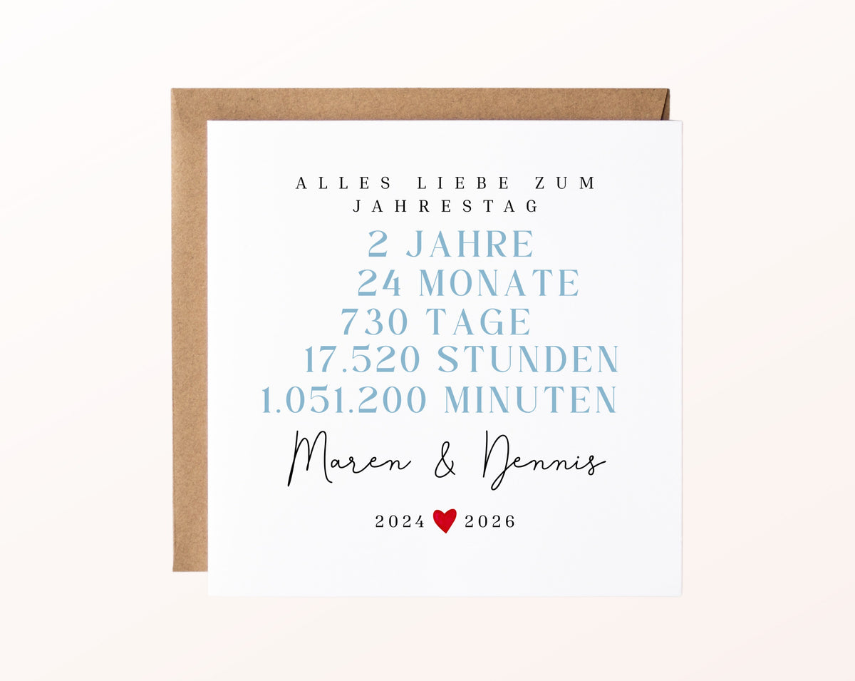 Personalisierte Karte zum 2. Jahrestag – Karte mit Umschlag