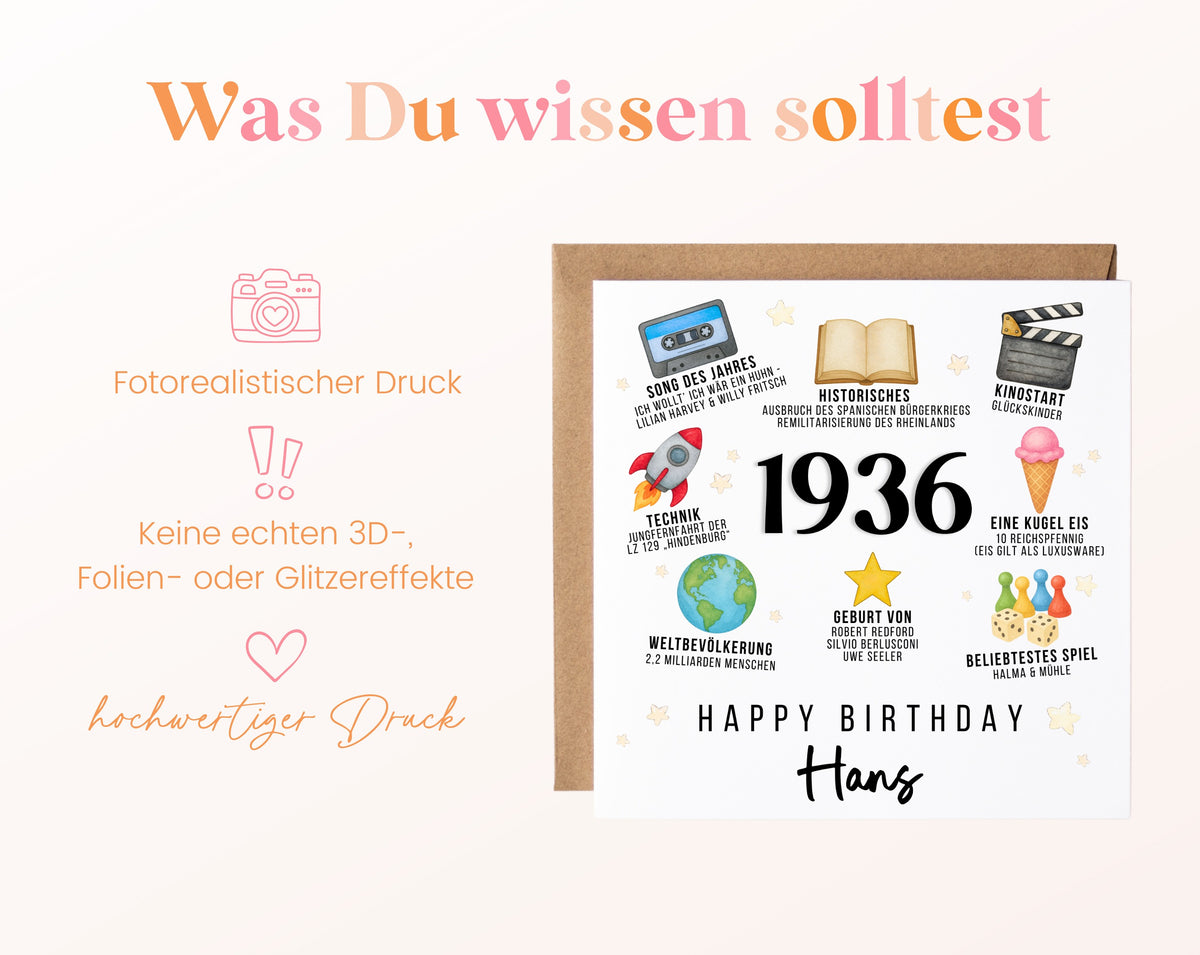 Personalisierte Geburtstagskarte Jahrgang 1936 – Zeitreise mit Musik und Film – Informationen zur Karte