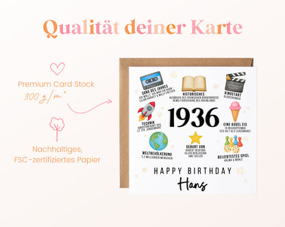 Personalisierte Geburtstagskarte Jahrgang 1936 – Zeitreise mit Musik und Film – Kartenpapier 300 g/m²