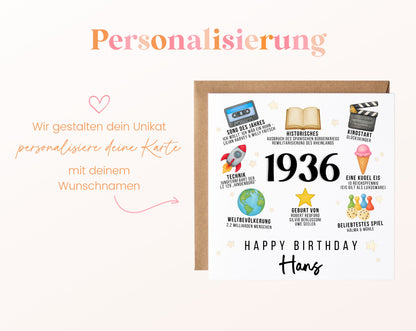 Personalisierte Geburtstagskarte Jahrgang 1936 – Zeitreise mit Musik und Film – Personalisierung mit Wunschname