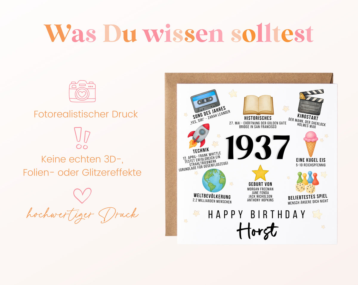 Personalisierte Geburtstagskarte Jahrgang 1937 – Zeitreise mit Musik und Film – Informationen zur Karte