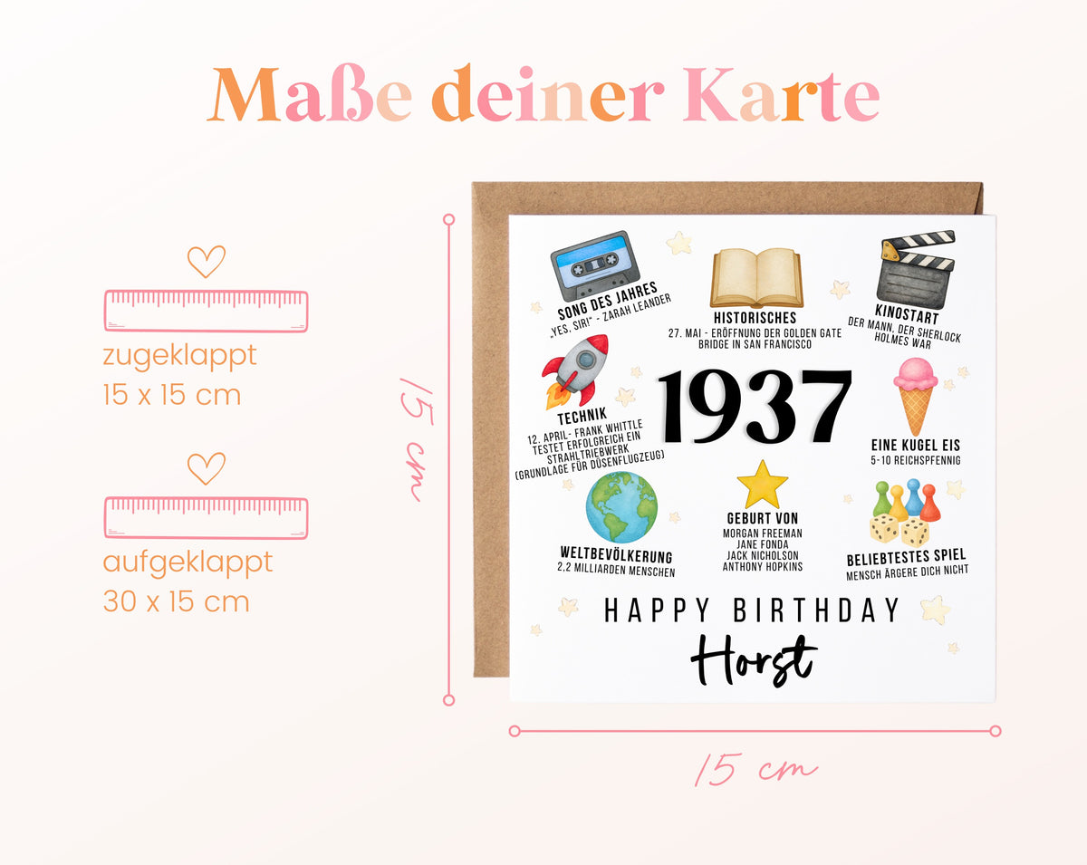 Personalisierte Geburtstagskarte Jahrgang 1937 – Zeitreise mit Musik und Film – Maße der Klappkarte
