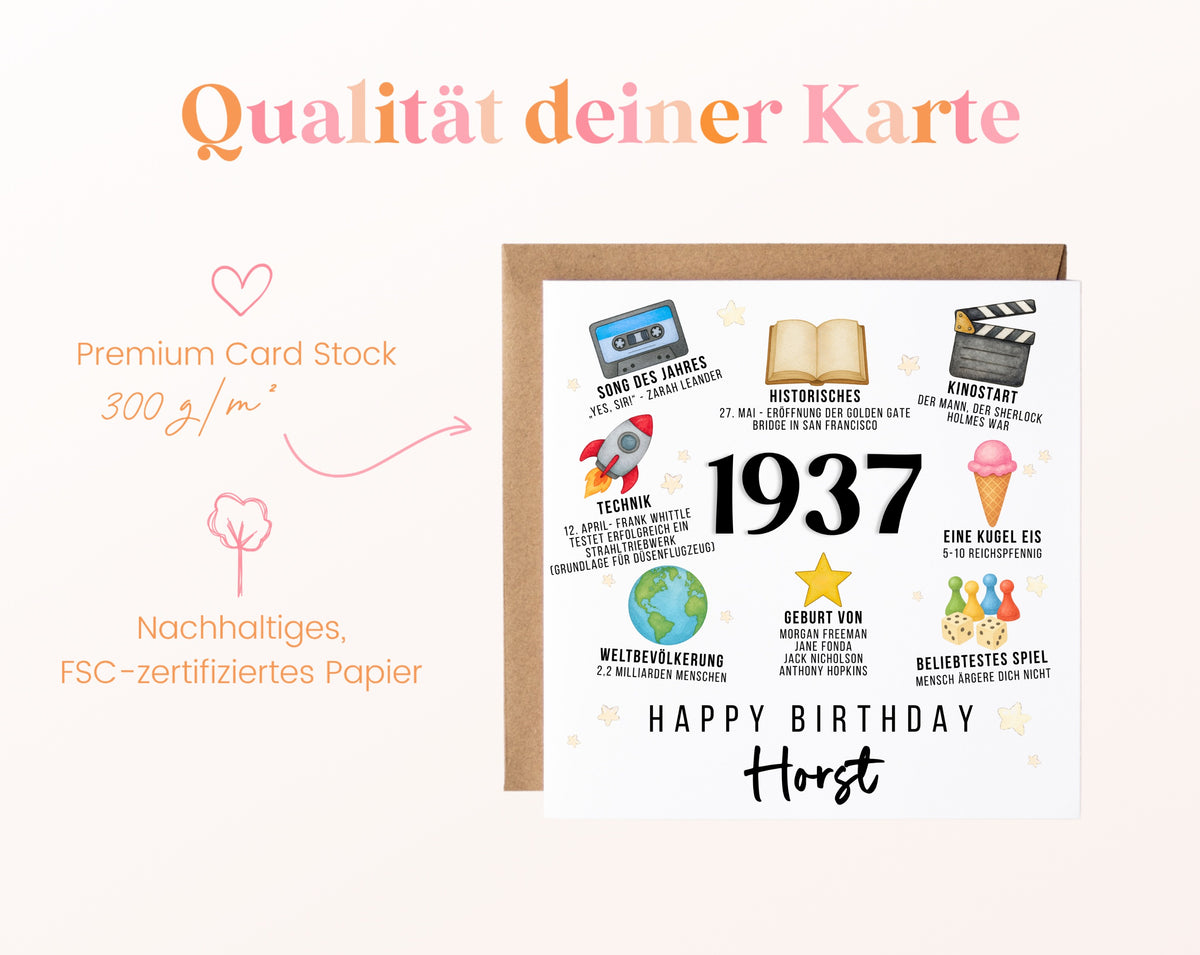 Personalisierte Geburtstagskarte Jahrgang 1937 – Zeitreise mit Musik und Film – Kartenpapier 300 g/m²