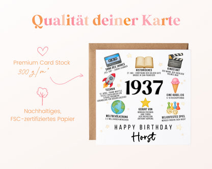 Personalisierte Geburtstagskarte Jahrgang 1937 – Zeitreise mit Musik und Film – Kartenpapier 300 g/m²