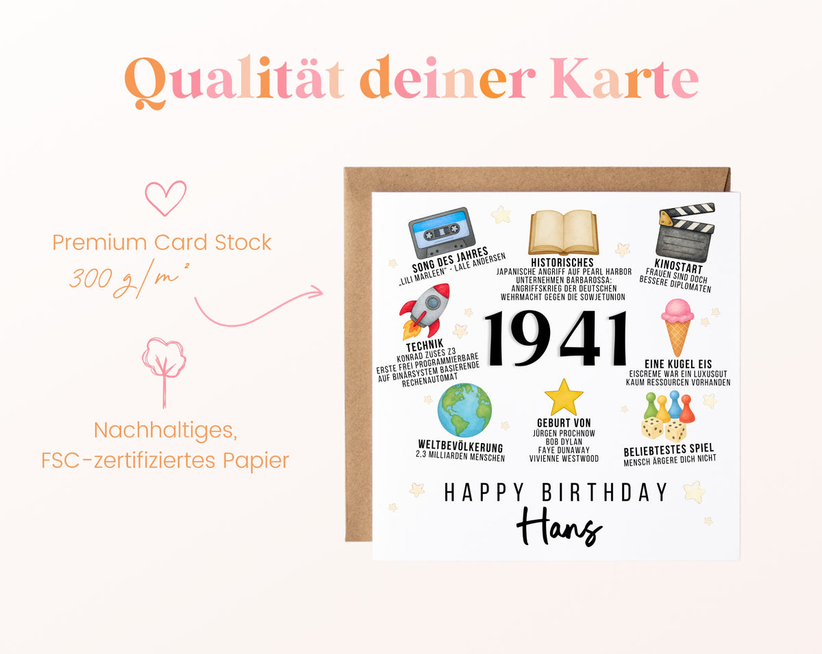 Personalisierte Geburtstagskarte Jahrgang 1941 – Zeitreise mit Musik und Film – Kartenpapier 300 g/m²