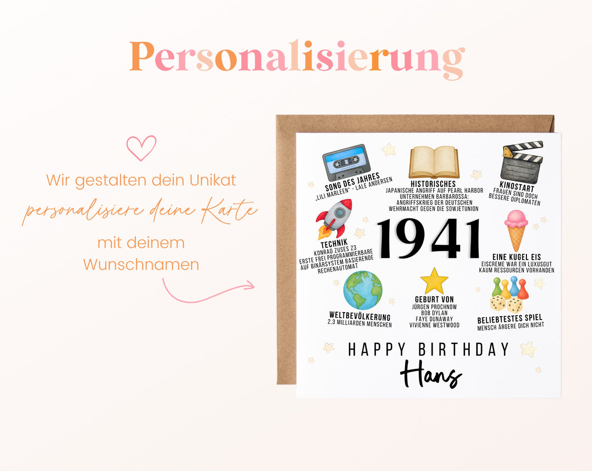 Personalisierte Geburtstagskarte Jahrgang 1941 – Zeitreise mit Musik und Film – Personalisierung mit Wunschname