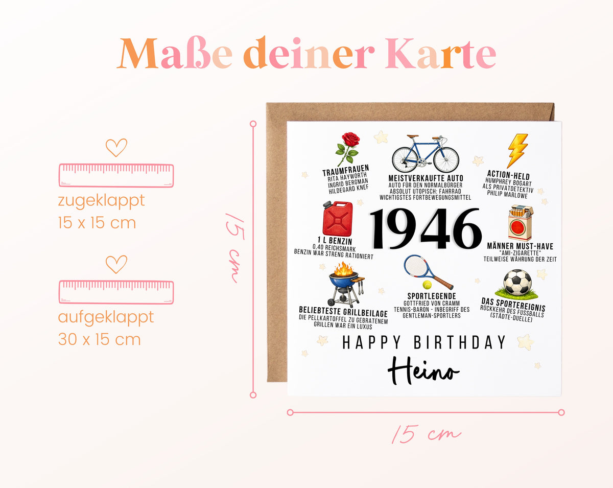 Personalisierte Geburtstagskarte Jahrgang 1946 – Nostalgie für Männer – Maße der Klappkarte
