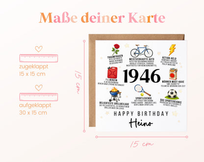 Personalisierte Geburtstagskarte Jahrgang 1946 – Nostalgie für Männer – Maße der Klappkarte