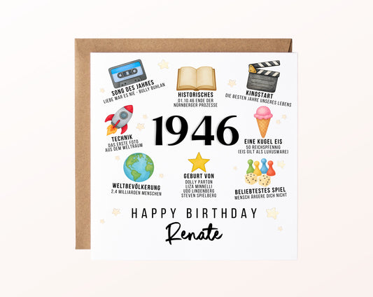 Personalisierte Geburtstagskarte Jahrgang 1946 – Zeitreise mit Musik und Film – Motiv mit Umschlag