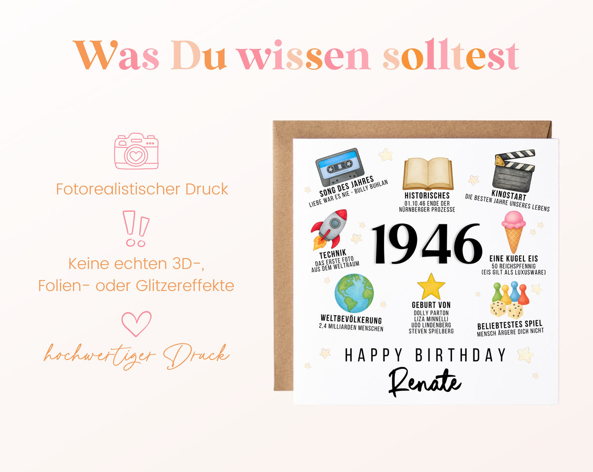 Personalisierte Geburtstagskarte Jahrgang 1946 – Zeitreise mit Musik und Film – Informationen zur Karte