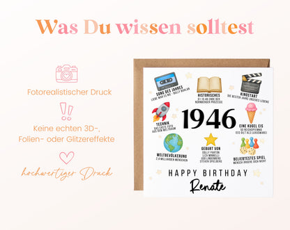 Personalisierte Geburtstagskarte Jahrgang 1946 – Zeitreise mit Musik und Film – Informationen zur Karte