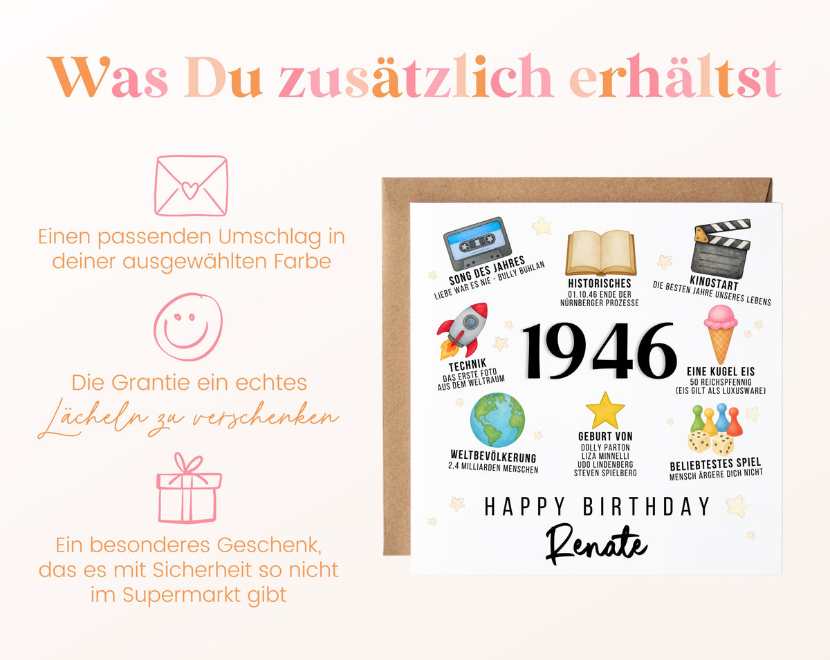 Personalisierte Geburtstagskarte Jahrgang 1946 – Zeitreise mit Musik und Film – Umschlag zur Karte