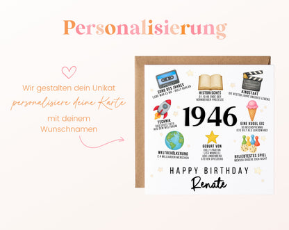 Personalisierte Geburtstagskarte Jahrgang 1946 – Zeitreise mit Musik und Film – Personalisierung mit Wunschname
