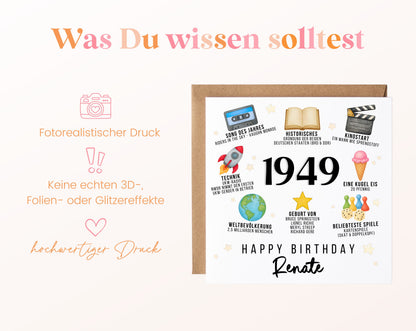 Personalisierte Geburtstagskarte Jahrgang 1949 – Zeitreise mit Musik und Film – Informationen zur Karte