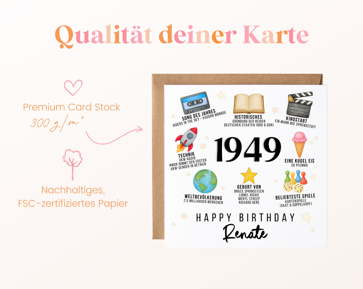 Personalisierte Geburtstagskarte Jahrgang 1949 – Zeitreise mit Musik und Film – Kartenpapier 300 g/m²