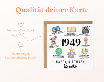Personalisierte Geburtstagskarte Jahrgang 1949 – Zeitreise mit Musik und Film – Kartenpapier 300 g/m²