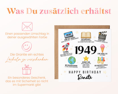 Personalisierte Geburtstagskarte Jahrgang 1949 – Zeitreise mit Musik und Film – Umschlag zur Karte