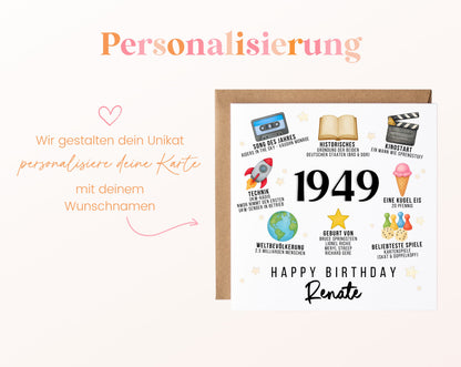 Personalisierte Geburtstagskarte Jahrgang 1949 – Zeitreise mit Musik und Film – Personalisierung mit Wunschname