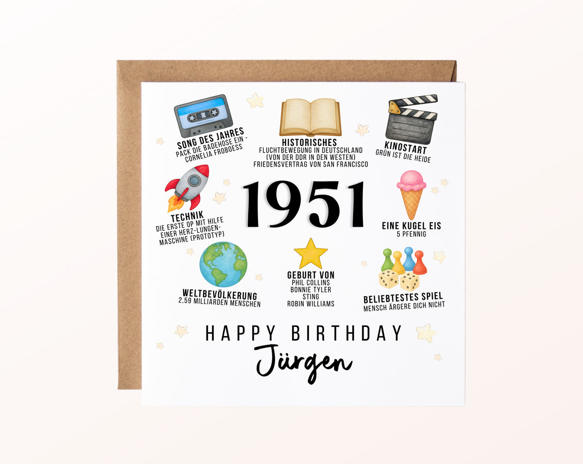 Personalisierte Geburtstagskarte Jahrgang 1951 – Zeitreise mit Musik und Film – Motiv mit Umschlag