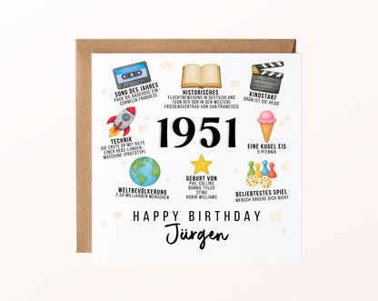 Personalisierte Geburtstagskarte Jahrgang 1951 – Zeitreise mit Musik und Film – Motiv mit Umschlag
