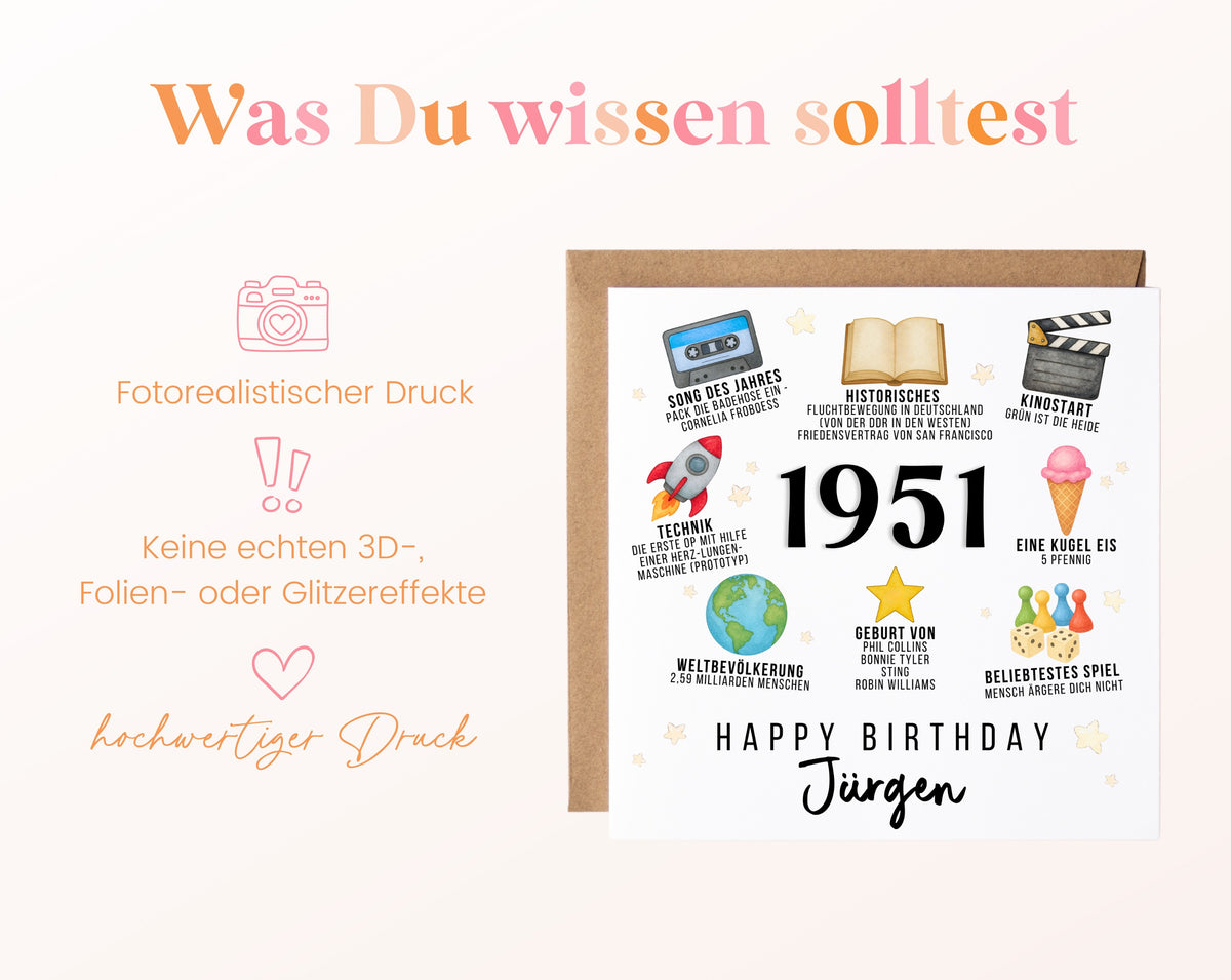 Personalisierte Geburtstagskarte Jahrgang 1951 – Zeitreise mit Musik und Film – Informationen zur Karte