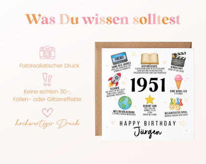 Personalisierte Geburtstagskarte Jahrgang 1951 – Zeitreise mit Musik und Film – Informationen zur Karte