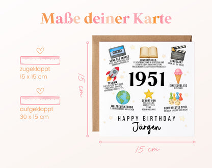 Personalisierte Geburtstagskarte Jahrgang 1951 – Zeitreise mit Musik und Film – Maße der Klappkarte
