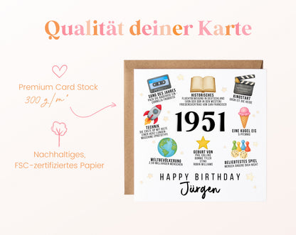 Personalisierte Geburtstagskarte Jahrgang 1951 – Zeitreise mit Musik und Film – Kartenpapier 300 g/m²