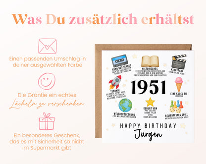 Personalisierte Geburtstagskarte Jahrgang 1951 – Zeitreise mit Musik und Film – Umschlag zur Karte