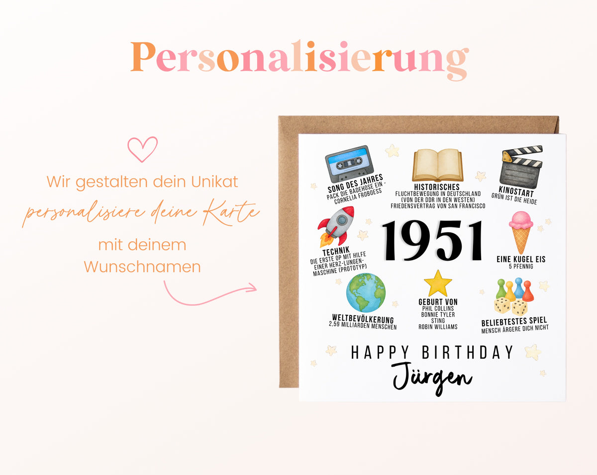 Personalisierte Geburtstagskarte Jahrgang 1951 – Zeitreise mit Musik und Film – Personalisierung mit Wunschname