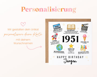 Personalisierte Geburtstagskarte Jahrgang 1951 – Zeitreise mit Musik und Film – Personalisierung mit Wunschname