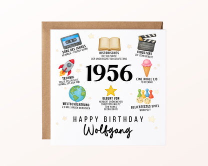 Personalisierte Geburtstagskarte Jahrgang 1956 – Zeitreise mit Musik und Film – Motiv mit Umschlag