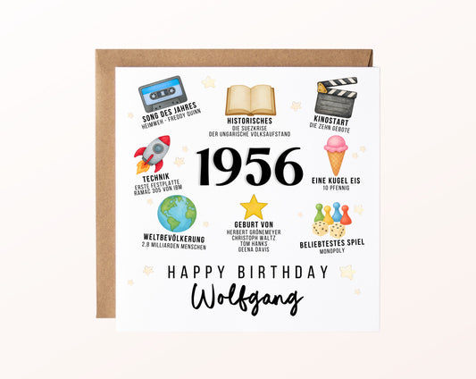 Personalisierte Geburtstagskarte Jahrgang 1956 – Zeitreise mit Musik und Film – Motiv mit Umschlag