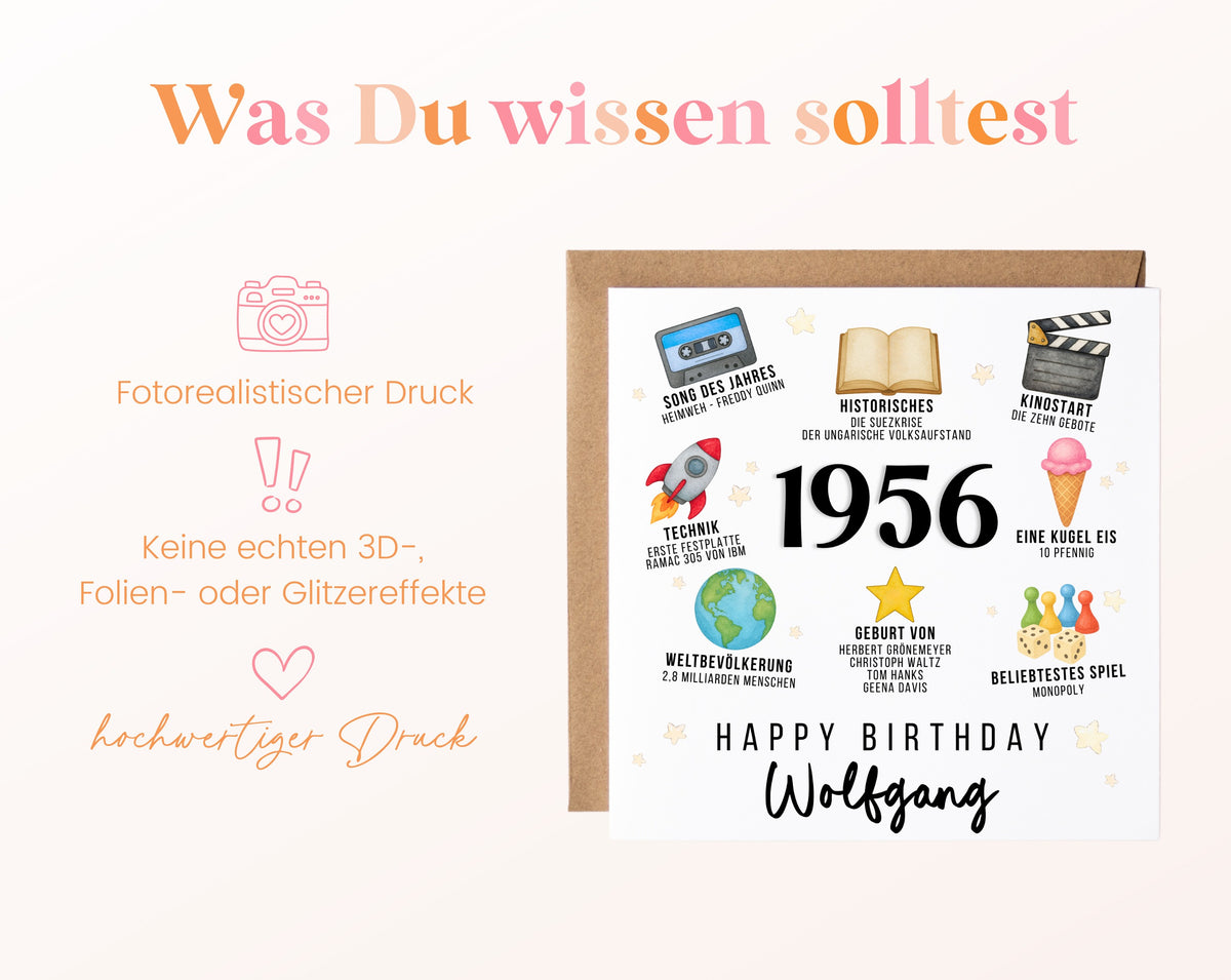 Personalisierte Geburtstagskarte Jahrgang 1956 – Zeitreise mit Musik und Film – Informationen zur Karte