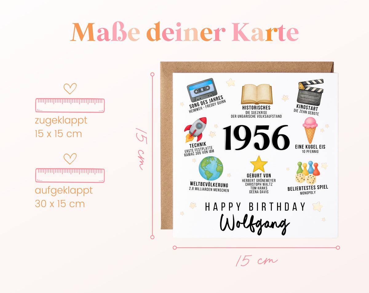Personalisierte Geburtstagskarte Jahrgang 1956 – Zeitreise mit Musik und Film – Maße der Klappkarte