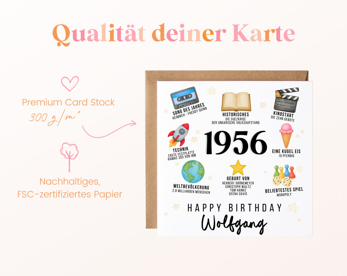 Personalisierte Geburtstagskarte Jahrgang 1956 – Zeitreise mit Musik und Film – Kartenpapier 300 g/m²