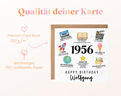 Personalisierte Geburtstagskarte Jahrgang 1956 – Zeitreise mit Musik und Film – Kartenpapier 300 g/m²