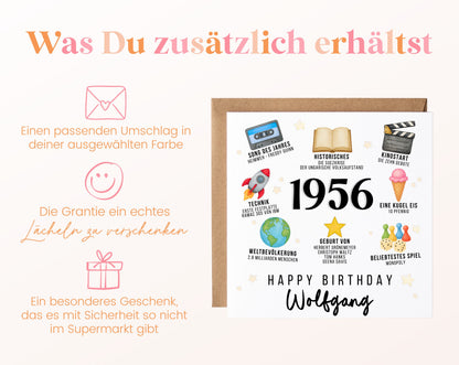 Personalisierte Geburtstagskarte Jahrgang 1956 – Zeitreise mit Musik und Film – Umschlag zur Karte