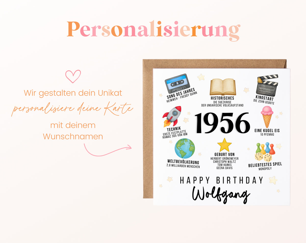 Personalisierte Geburtstagskarte Jahrgang 1956 – Zeitreise mit Musik und Film – Personalisierung mit Wunschname