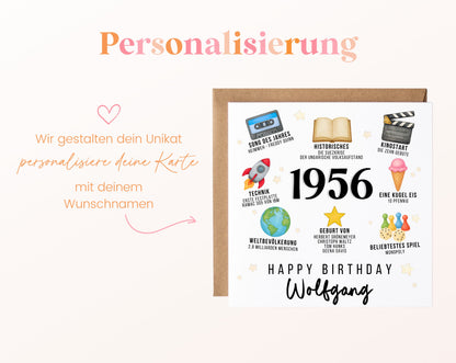 Personalisierte Geburtstagskarte Jahrgang 1956 – Zeitreise mit Musik und Film – Personalisierung mit Wunschname