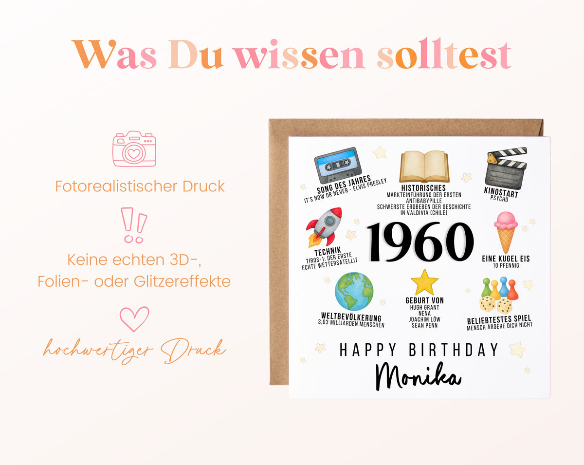 Personalisierte Geburtstagskarte Jahrgang 1960 – Zeitreise mit Musik und Film – Informationen zur Karte