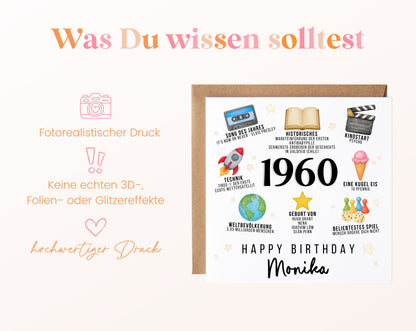 Personalisierte Geburtstagskarte Jahrgang 1960 – Zeitreise mit Musik und Film – Informationen zur Karte