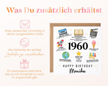 Personalisierte Geburtstagskarte Jahrgang 1960 – Zeitreise mit Musik und Film – Umschlag zur Karte