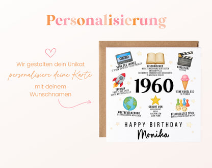 Personalisierte Geburtstagskarte Jahrgang 1960 – Zeitreise mit Musik und Film – Personalisierung mit Wunschname