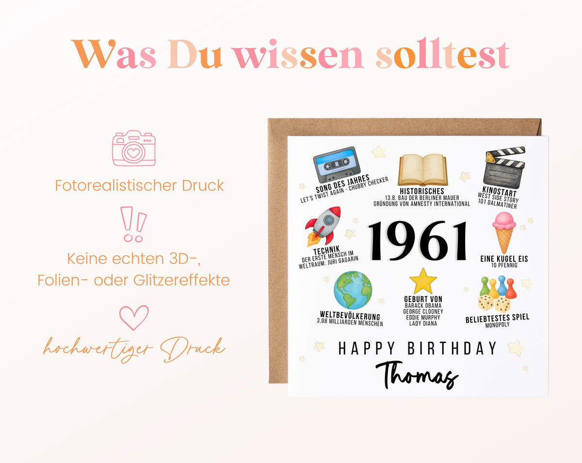 Personalisierte Geburtstagskarte Jahrgang 1961 – Zeitreise mit Musik und Film – Informationen zur Karte