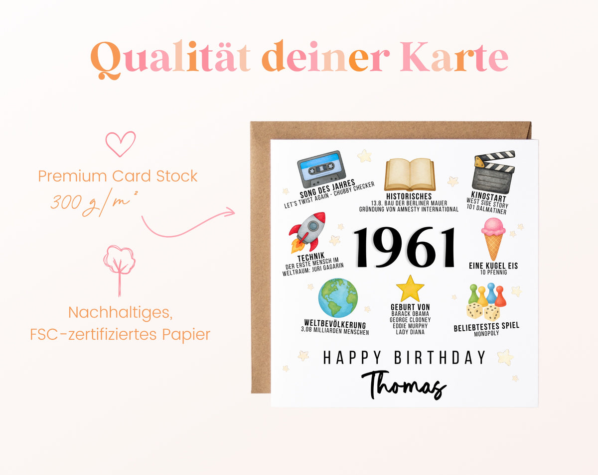 Personalisierte Geburtstagskarte Jahrgang 1961 – Zeitreise mit Musik und Film – Kartenpapier 300 g/m²