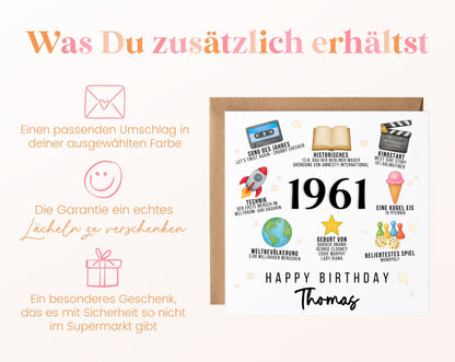 Personalisierte Geburtstagskarte Jahrgang 1961 – Zeitreise mit Musik und Film – Umschlag zur Karte